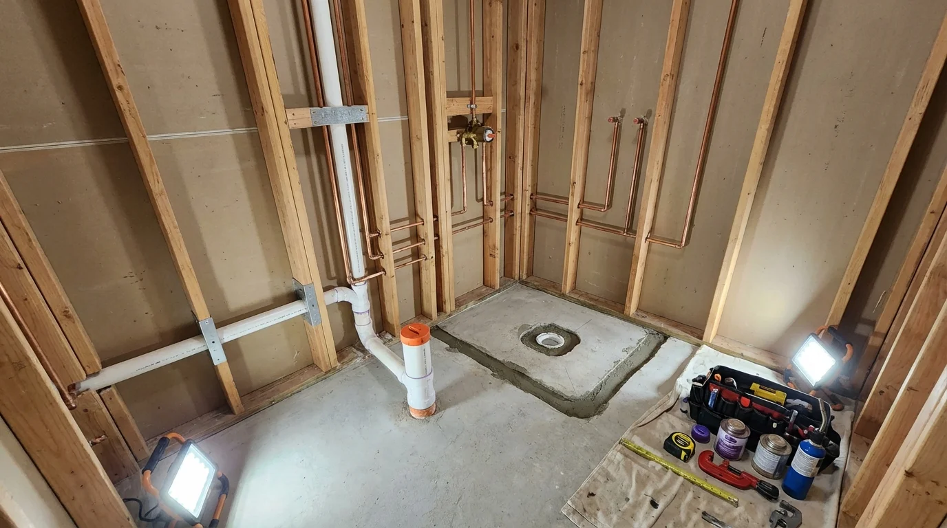 Bathroom rough-in plumbing during remodel by Johns Plumbing LLC in Trafalgar