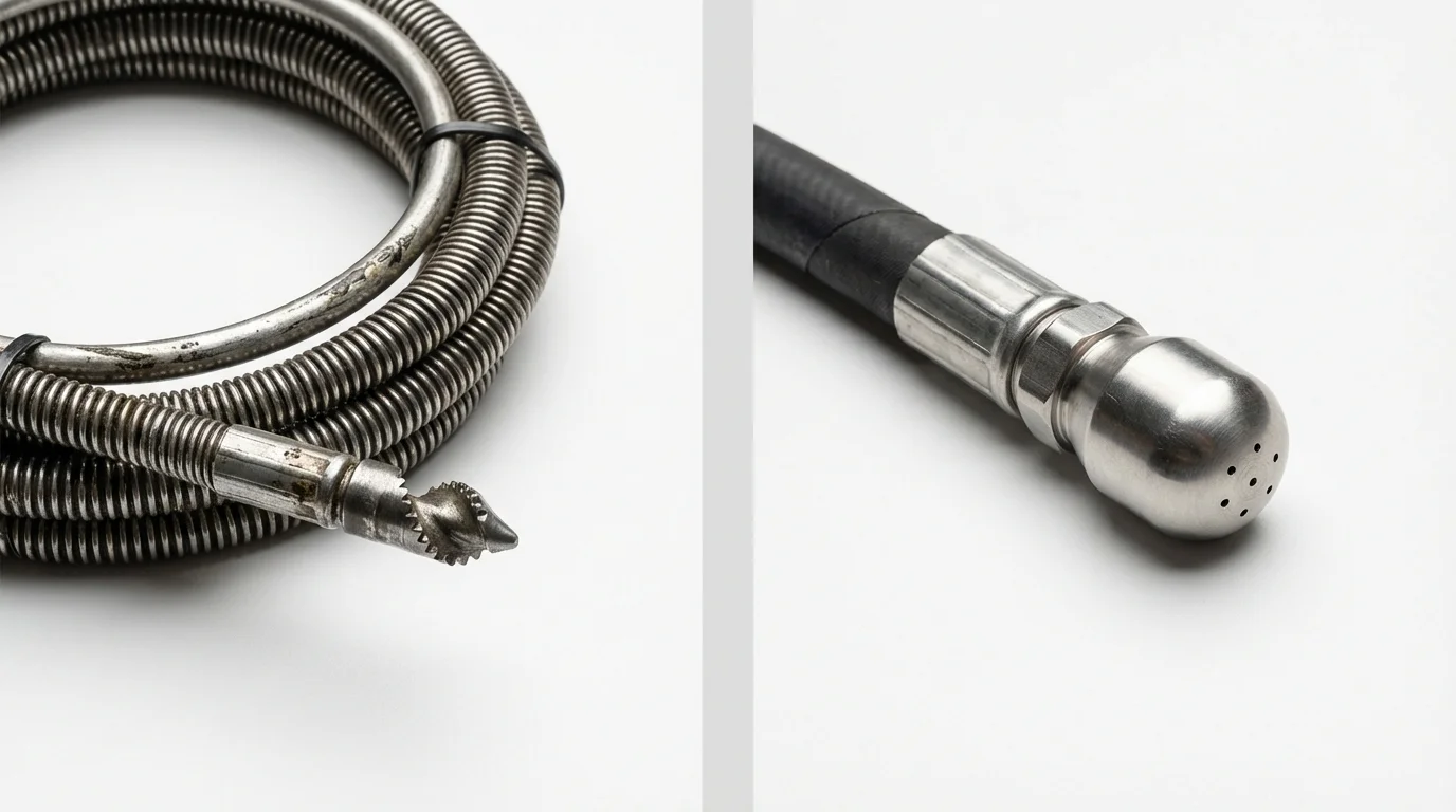 Drain snake cable and hydro jetting nozzle used for drain cleaning in Trafalgar, IN