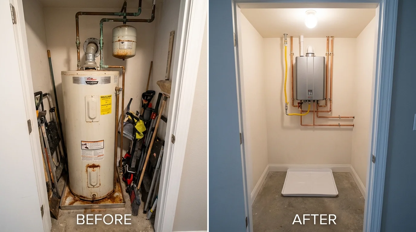 Tank water heater versus wall-mounted tankless unit comparison for Trafalgar, IN homeowners
