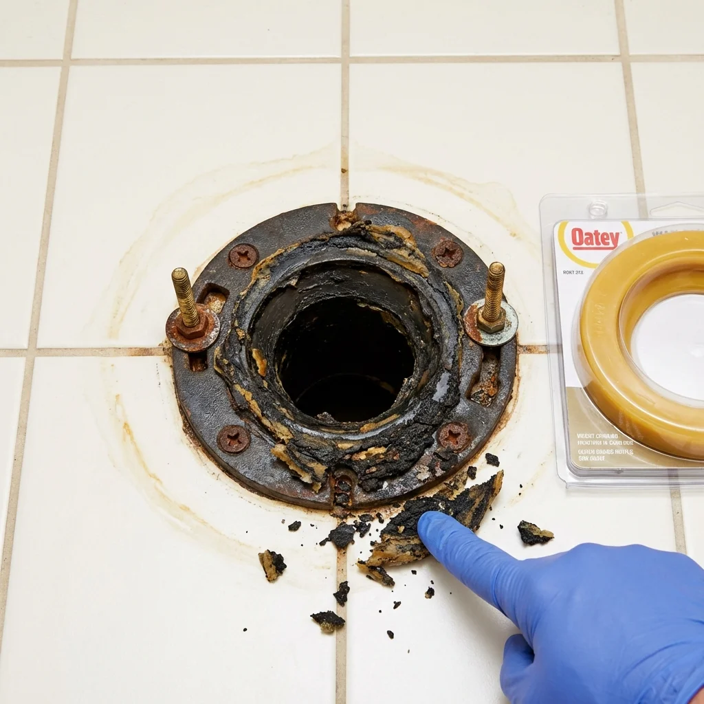Failed wax ring showing water seepage at the base of a toilet in a Trafalgar, IN home