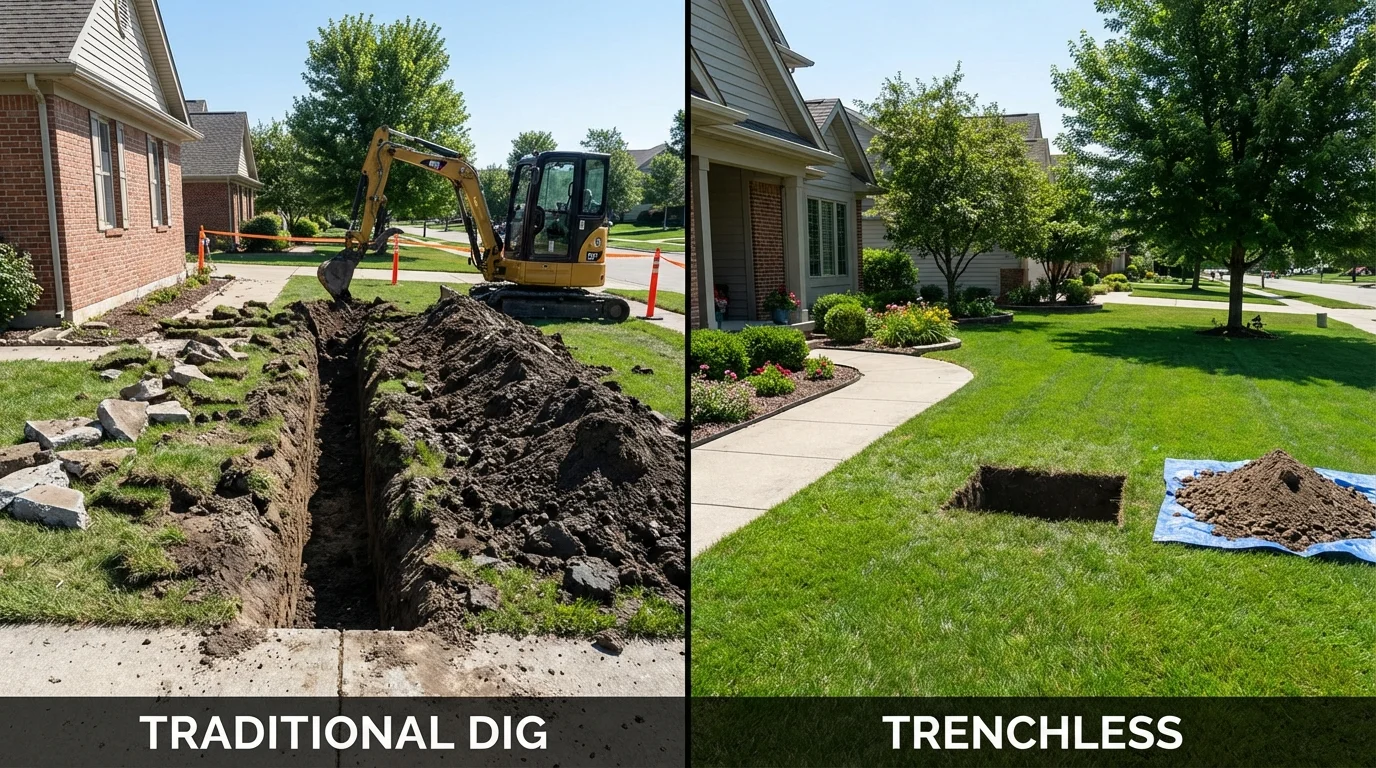 Trenchless sewer repair with minimal yard damage versus traditional excavation in Trafalgar, IN