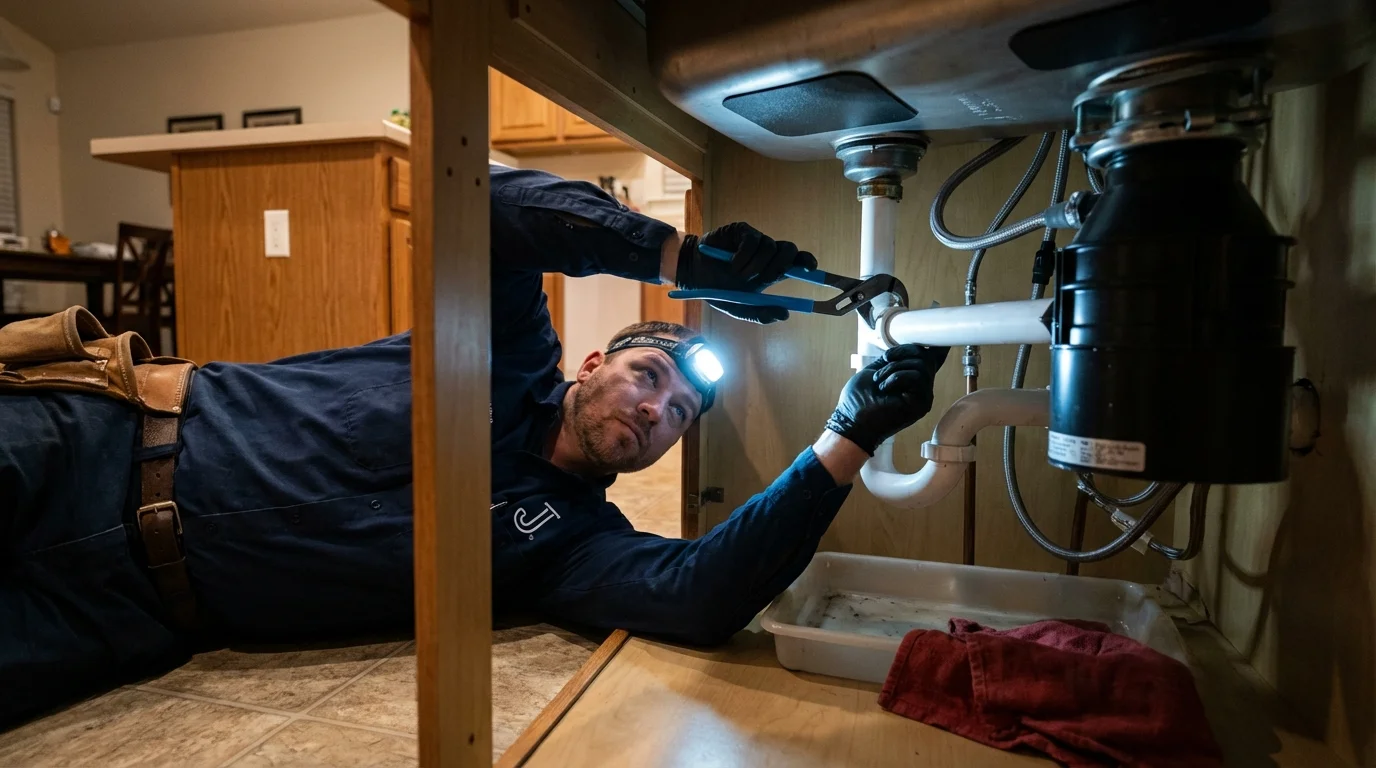 P-trap and supply line connections under a kitchen sink showing a common leak point in Trafalgar, IN